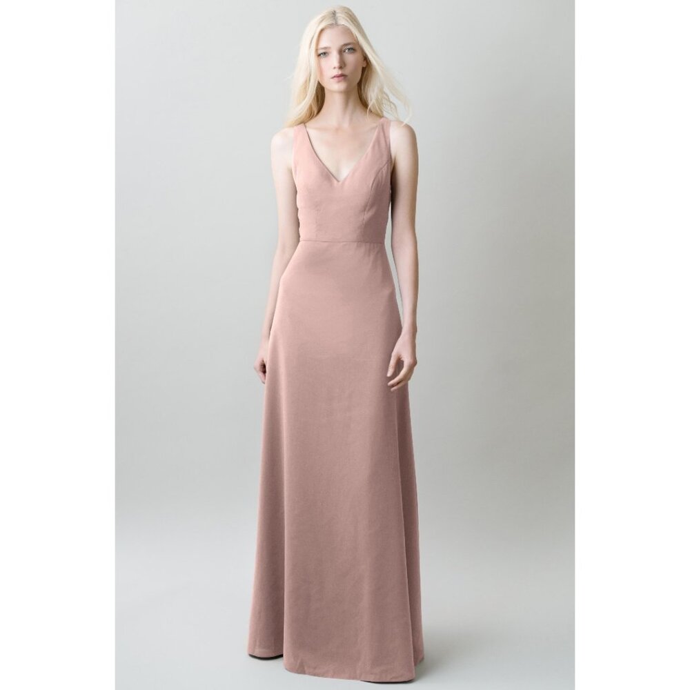 Jenny Yoo Crepe de Chine Whipped Apricot floor-length bridesmaid dress. Tie back